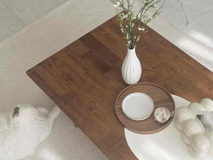 温かみのある木目調のテーブルに白い陶器とトレイが置かれ、横には白い猫がくつろぐナチュラルで落ち着いた雰囲気のインテリア