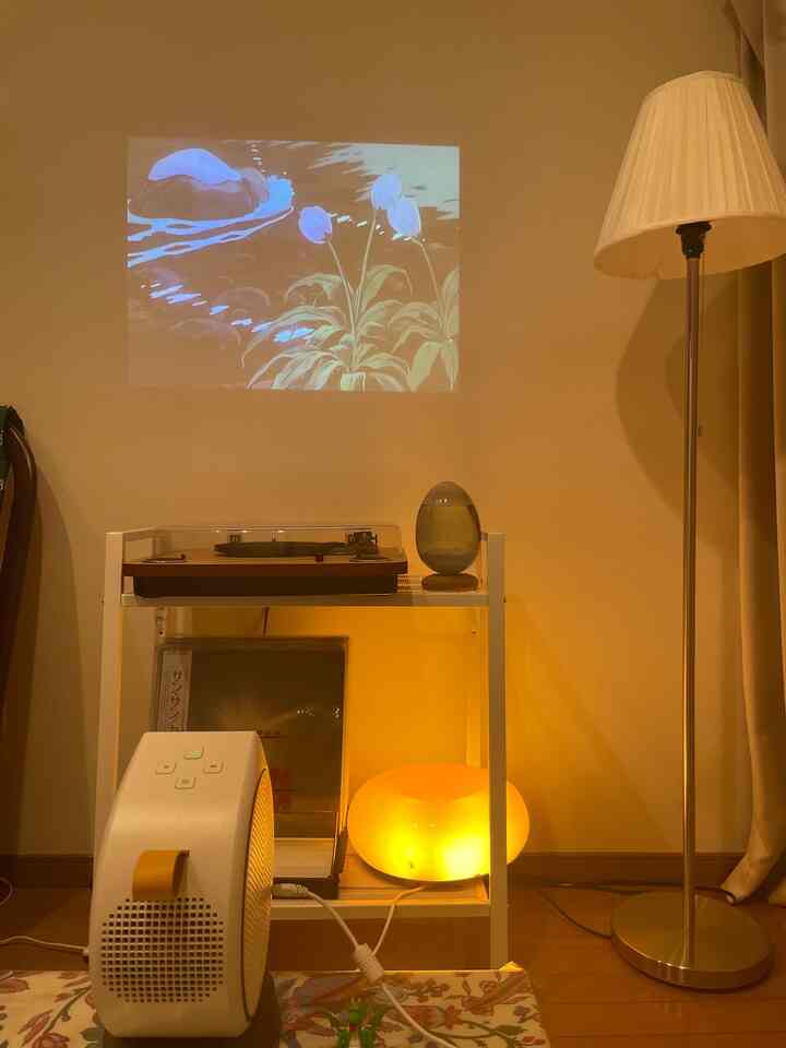 温かみのあるベージュトーンの1Kワンルーム、壁に映るプロジェクター画面とレコードプレーヤー、フロアランプが配置された雰囲気のあるインテリア