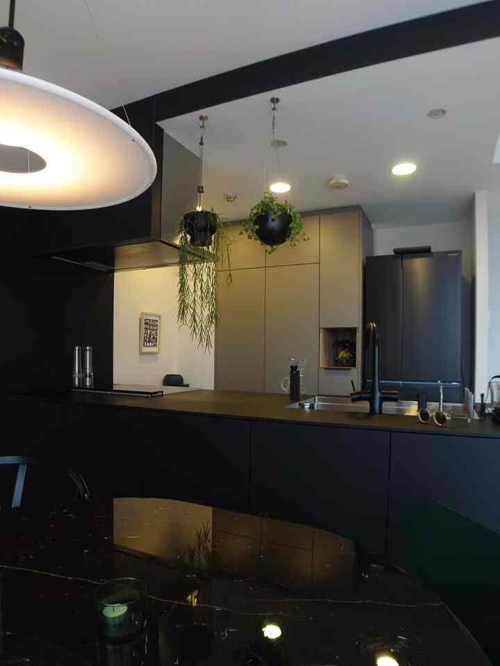 ダークトーンのモダンキッチン、黒のカウンターと冷蔵庫が中心で、ペンダントライトとハンギングプラントが空間を飾る