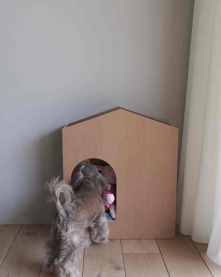 Natural wood tone living space corner featuring house-shaped toy storage with a small adorable dog interacting in front