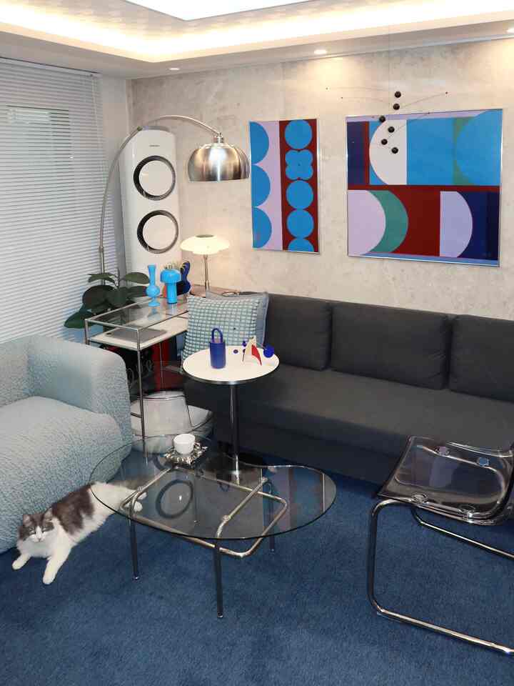 ブルー系の色調のリビング、モダンなグレーのソファと透明な椅子が配置された洗練されたインテリア空間に猫がカーペットの上でくつろいでいる