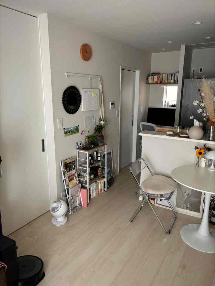 Compact single household living room with white and wood tone harmony, featuring simple natural interior and minimal furnishings