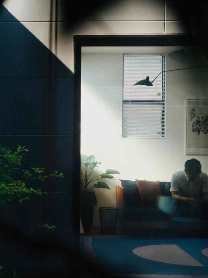 Natural modern living room featuring a wood-tone sofa, green plants, and calm, minimalist atmosphere