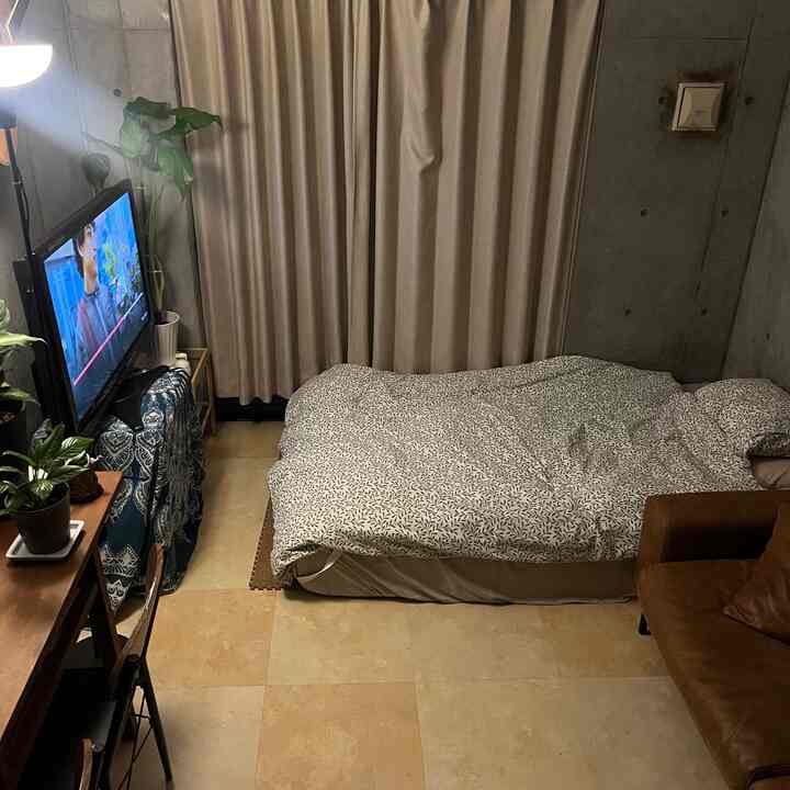 Beige floor and brown sofa studio bedroom with concrete walls and plants, simple natural styled interior