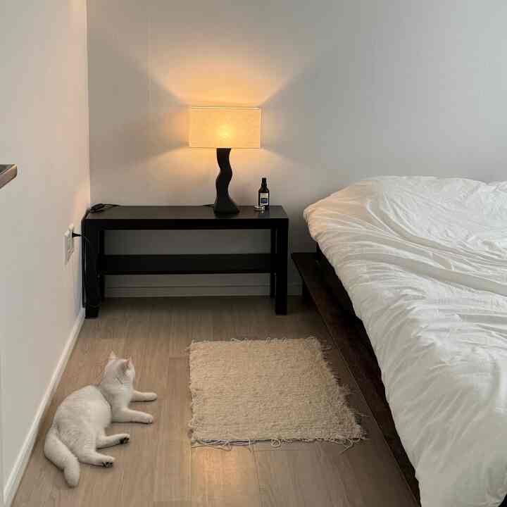 白と黒の調和が取れた小さな寝室、ミニマルなベッドとナイトテーブルが配置された雰囲気あるインテリア