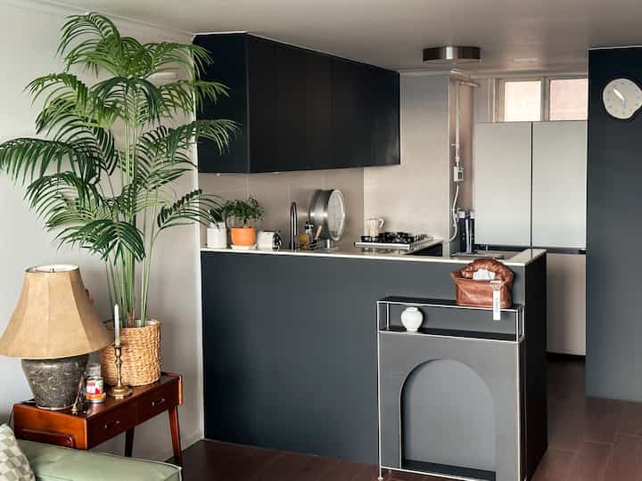 ブラックと木目調が調和したモダンなキッチンとリビング空間、中央にキッチン家具と植物が配置された清潔感のあるインテリア