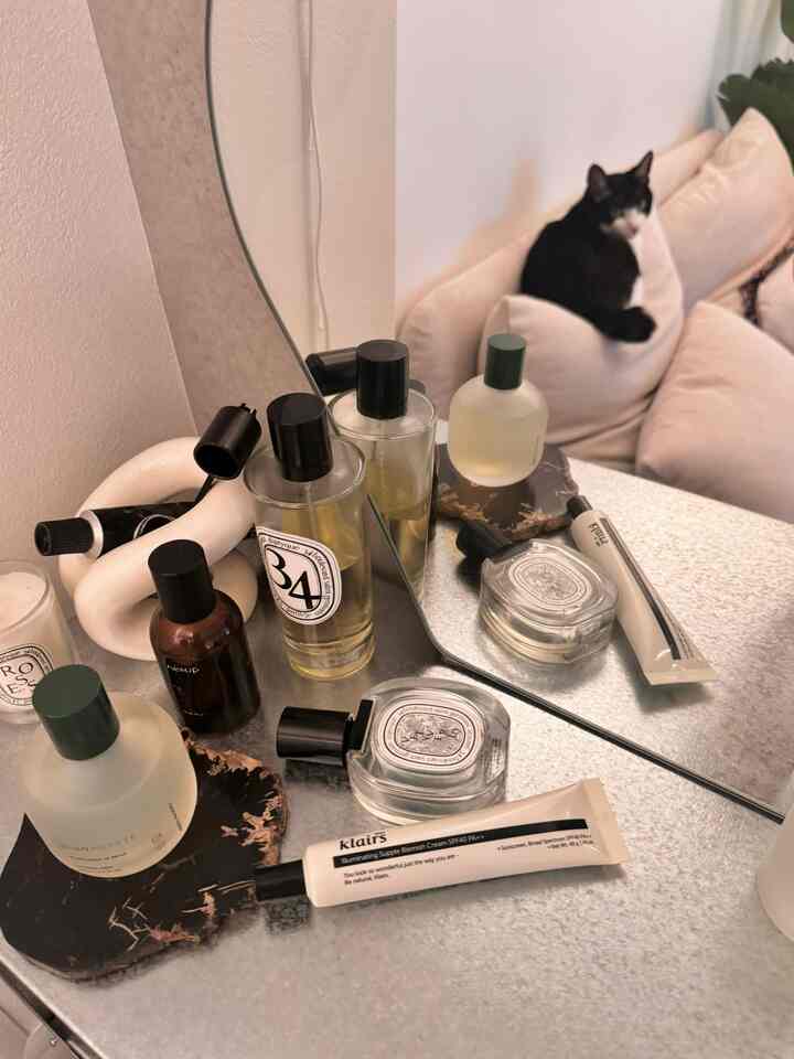 Beige and white-toned small space in front of a mirror, featuring a cat on the sofa and perfumes with skincare items creating a natural atmosphere
