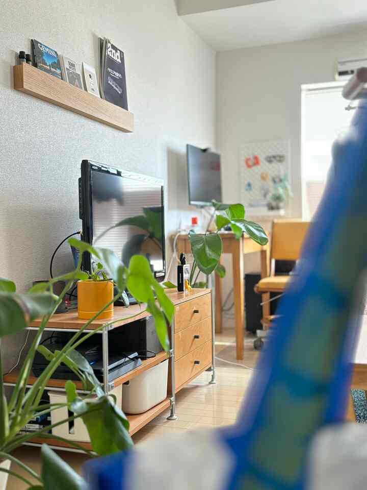 明るい木目調の家具と緑の植物が配置された1人暮らしの1Kホームオフィス空間