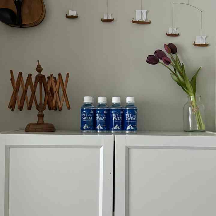 白を基調としたキャビネットの上に木目調の装飾と紫のチューリップの花瓶、猫用飲料が配されたシンプルで落ち着いたインテリア空間