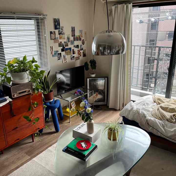 ナチュラルな色調と緑の植物がある8畳のワンルーム、リビングと寝室が融合した雰囲気のあるインテリア