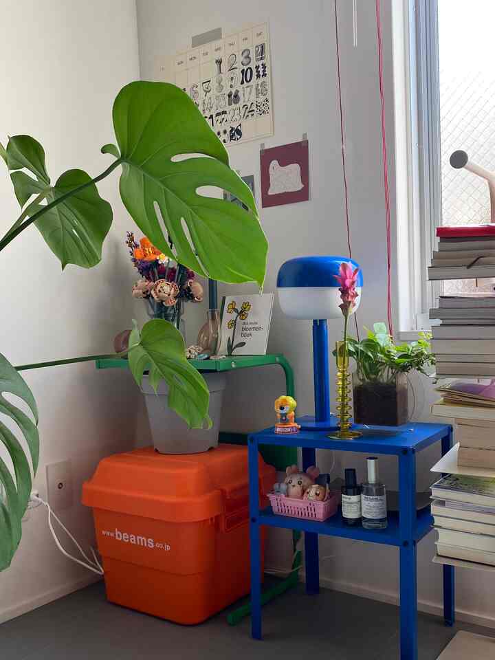Vivid orange storage box and blue side table in a compact corner space decorated with large leafy plants and small objets