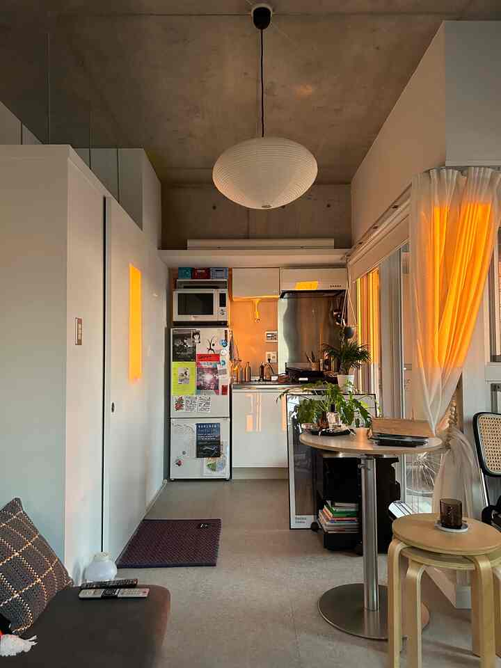Warm sunset-lit studio apartment kitchen in white and gray tones, featuring natural furniture and plants with cozy atmosphere