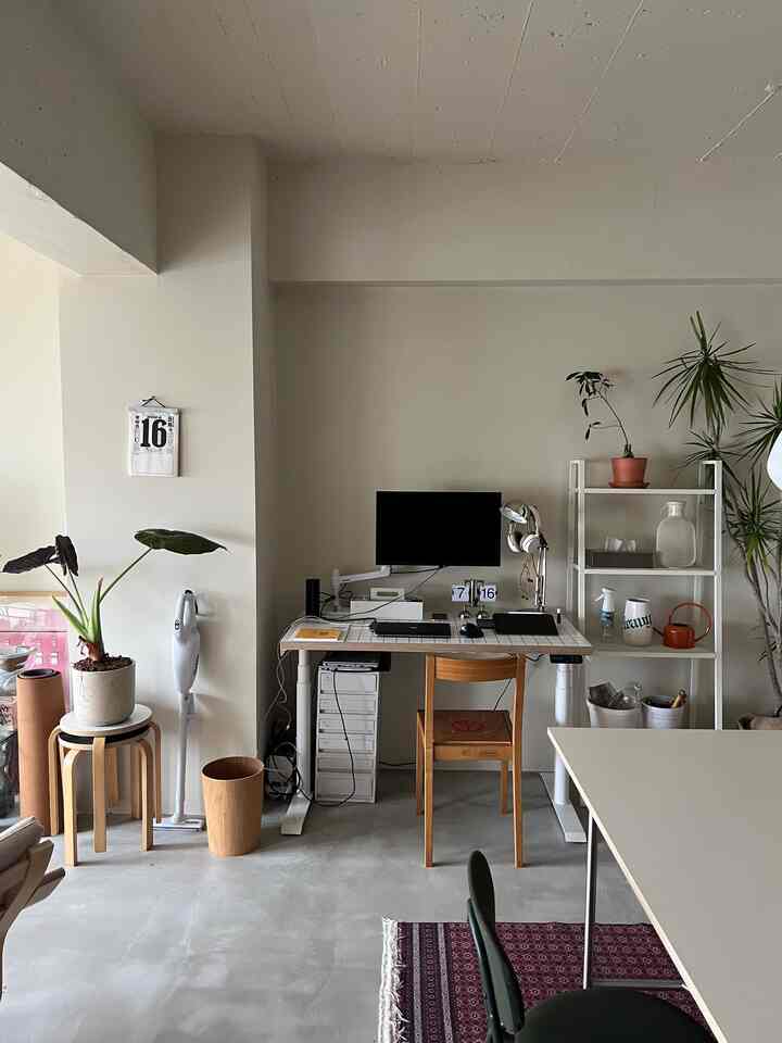 White and wood-toned study space featuring a desk, shelves with plants, creating a clean and cozy atmosphere