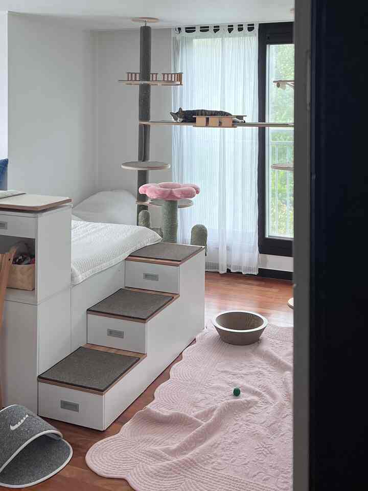 ナチュラルカラーの寝室、白いベッドフレームとキャットタワーが配置された猫に優しいインテリア