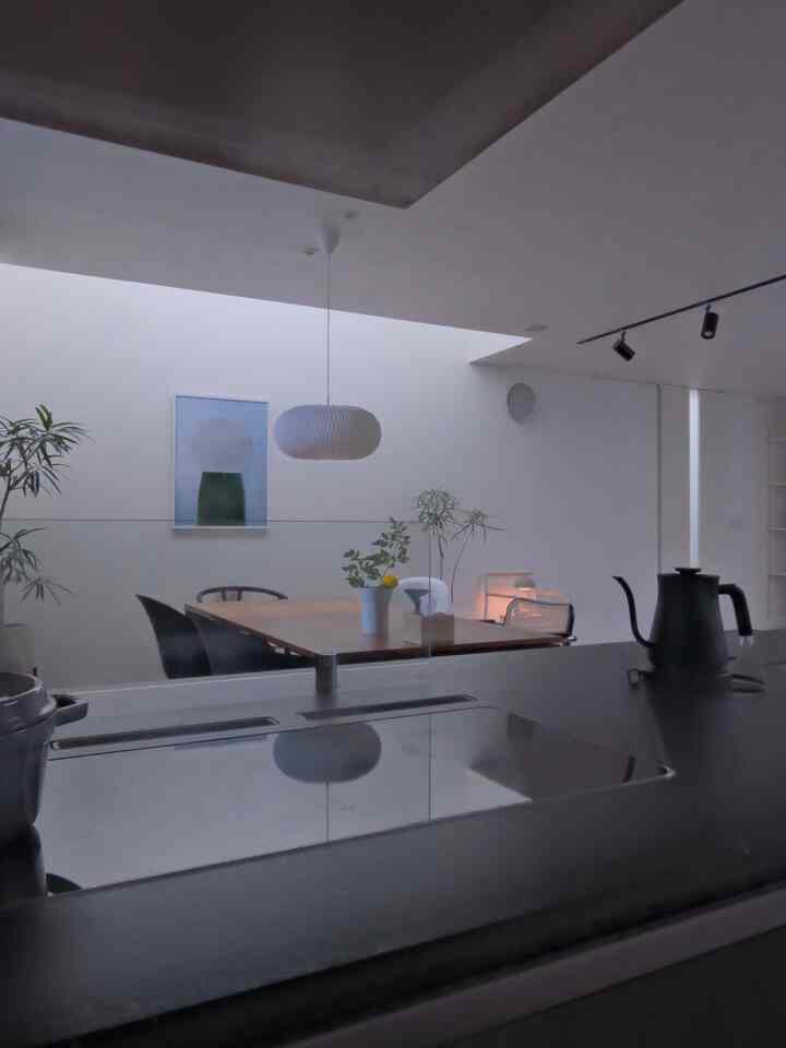 白と木目調の北欧スタイルのダイニング、ペンダントライトと植物が配置された落ち着いた雰囲気のインテリア