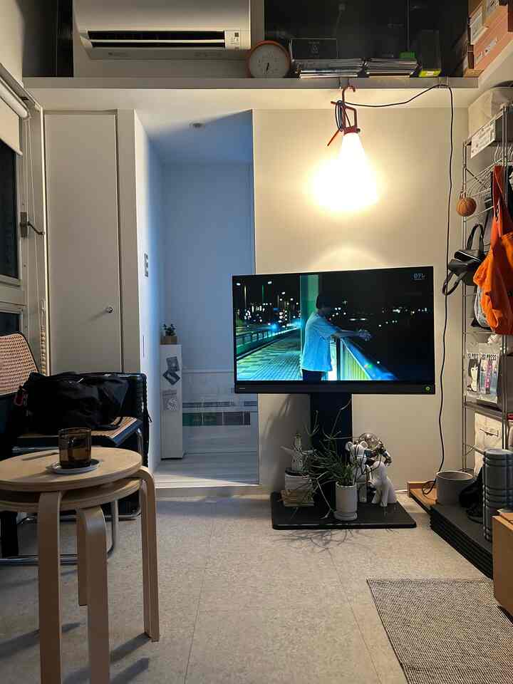 白を基調としたワンルームのリビング、間接照明と植物が配置された自然な雰囲気のインテリア