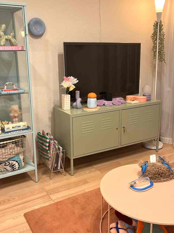 Natural tone living room with khaki cabinet and floor lamp creating a warm atmosphere
