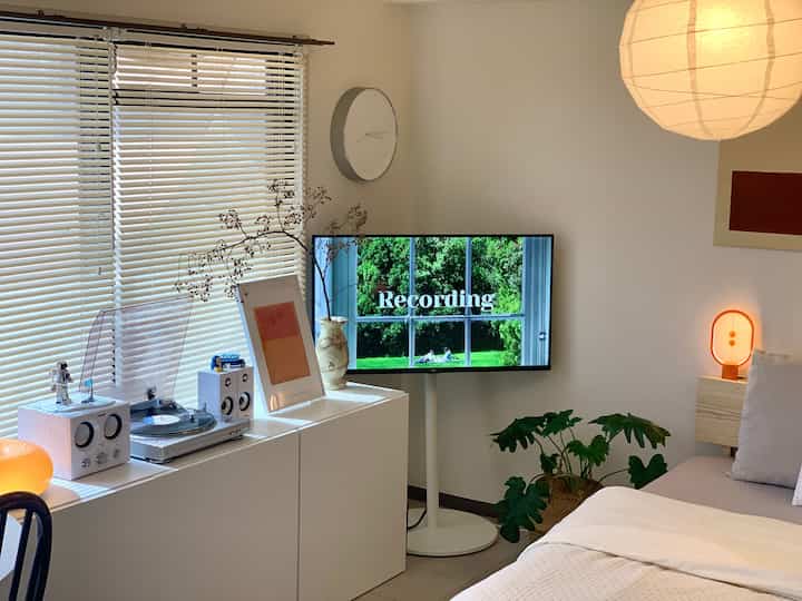 Natural tone bedroom featuring white TV stand with turntable, floor lamp, and plants in a modern setting
