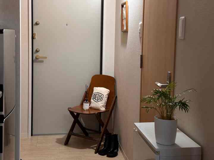 木目調とベージュの玄関、折りたたみ椅子と観葉植物が配置された落ち着いた雰囲気のインテリア