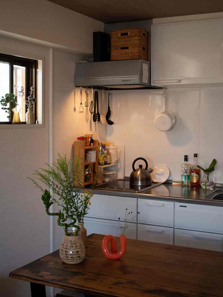 白と茶色の色調のキッチン、木製のダイニングテーブルと植物が配置された落ち着いたコンパクトな一人暮らしの空間