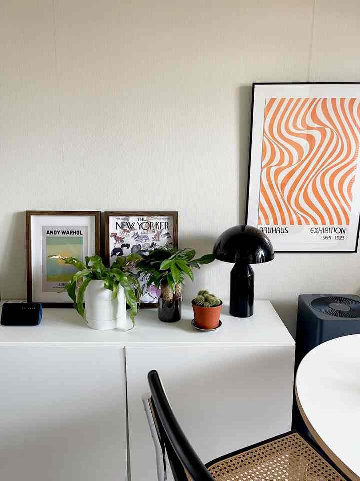 白と黒のトーンのリビング、白いキャビネットの上に植物と額縁が配置された清潔感のあるモダンな空間