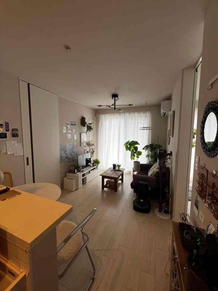 Natural wood tones and white colors create a compact single-person living room with a low table, sofa, and plants in a simple setting