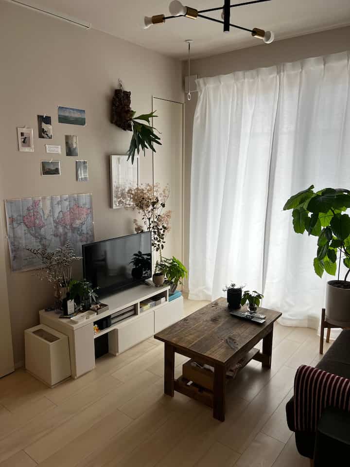 Bright white-toned living room with a wooden low table and various foliage plants creating a natural interior