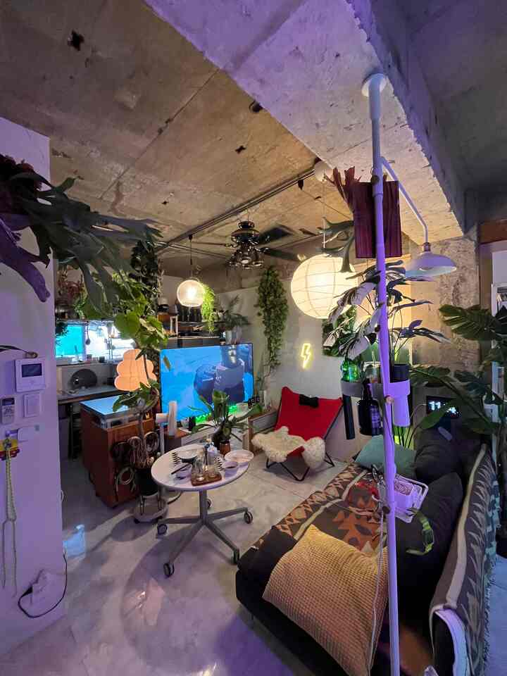 黒と赤が映える小さなモダンインダストリアルのリビング、豊かな植物と照明が配置された雰囲気のある空間