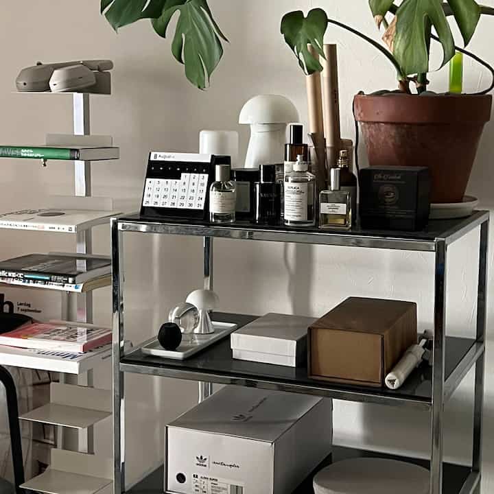 白と黒のトーンが特徴的なリビング、ヴィンテージの棚に香水と観葉植物が置かれた雰囲気のあるインテリア