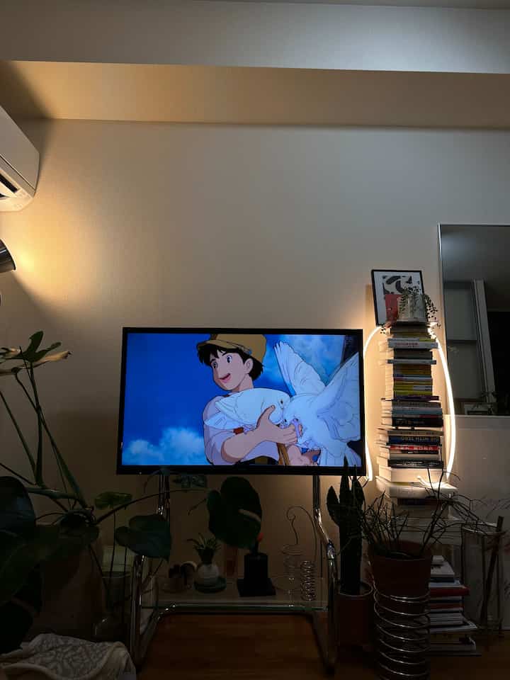 暖かいブラウンの床とブラックのテレビが中央に置かれ、本棚と多様な植物が調和する居心地の良いリビング