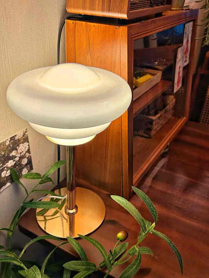 暖かい木目調のリビング空間、ホワイトのテーブルランプと植物が配置された雰囲気のあるインテリア