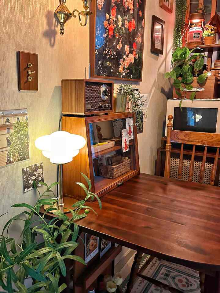 Cozy retro-style dining room with warm wood tones and green plants arranged for a natural ambiance