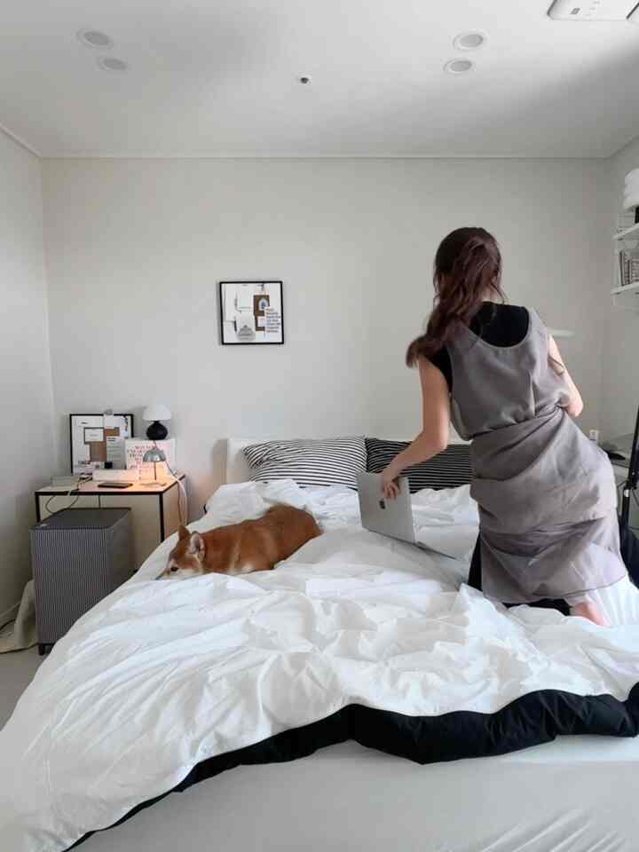 白と黒のトーンの寝室、中央に大きなベッドと犬が横たわり、リモートワークでノートパソコンを使う人がいる雰囲気のあるインテリア