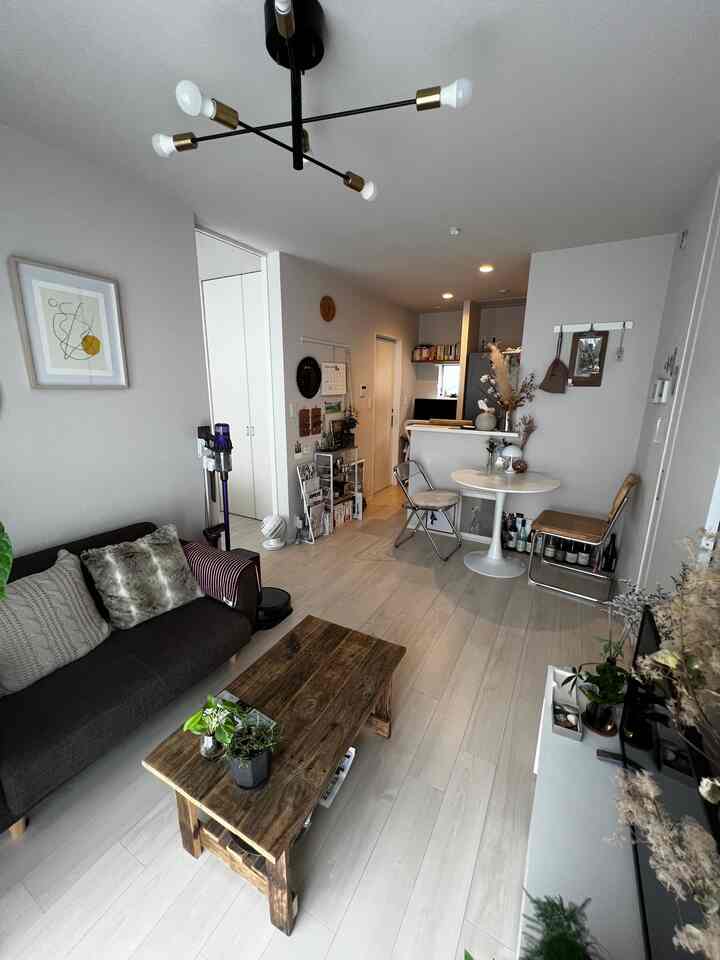 Compact Nordic living room with light wood flooring, black chandelier, wooden coffee table, and sofa creating a natural cozy atmosphere