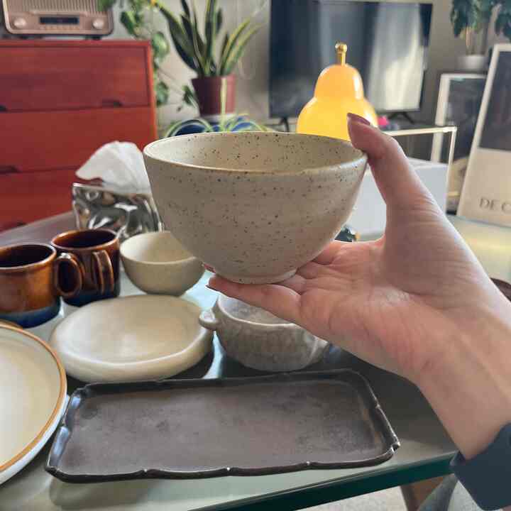Natural tone single household living space featuring assorted ceramic bowls and green plants with cozy atmosphere