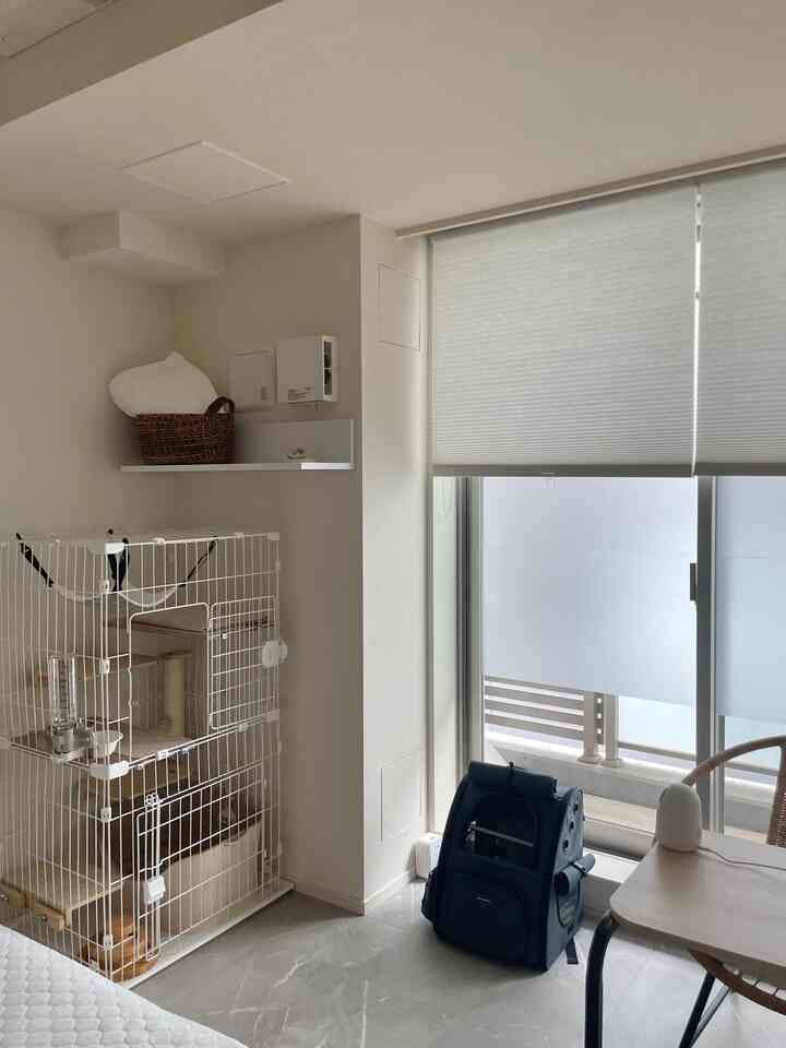 白を基調としたモダンなリビング、窓辺のブラインドと隅に置かれたキャットケージや収納バスケットが配置された印象的な空間