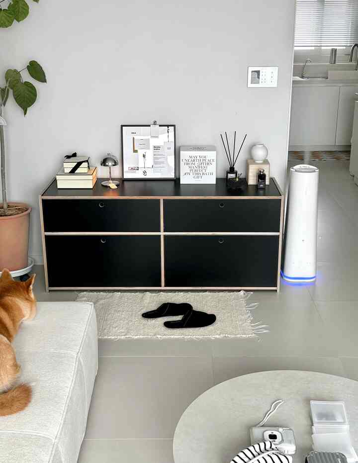 白と黒のトーンのリビングとキッチンの空間、スリッパとラグが配置されたモダンでナチュラルなインテリア