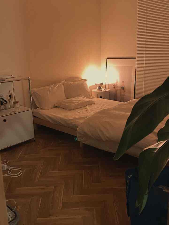 引っ越して間もない頃の寝室です。
また整理できておらず、アイロン台や配線が転がっています。 

USMハラー憧れます。

#寝室
#ヘリンボーン
#ミッドセンチュリー
#無印良品 
#IKEA 