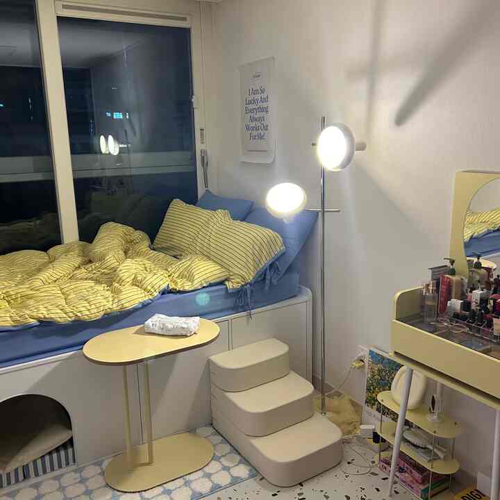 黄色と青のトーンが調和した寝室、収納付きベッドフレームとペットハウスが配置された居心地の良い実用的なインテリア