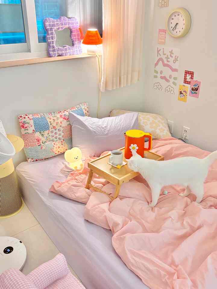 Pink and white toned bedroom featuring a bed with floral pillows and pink duvet, window curtains with lighting, and a white cat creating a cozy atmosphere