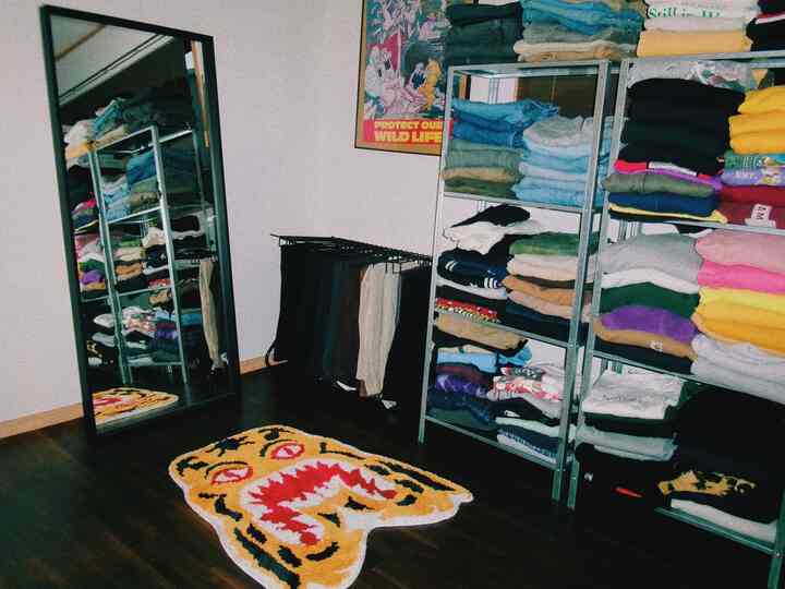 白い壁と茶色の床の小さな部屋、中央に大型の鏡と整頓された衣類収納棚、虎の形のラグが置かれた印象的な空間