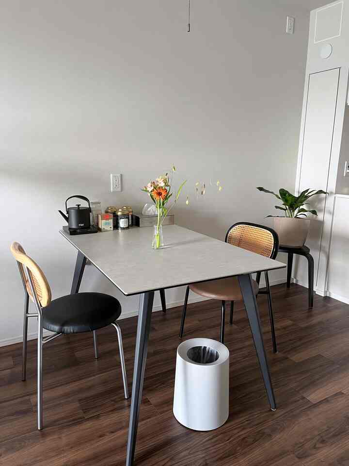 ナチュラルな色調の1DK空間、シンプルなダイニングテーブルと椅子、観葉植物と花瓶が配置された雰囲気のあるインテリア