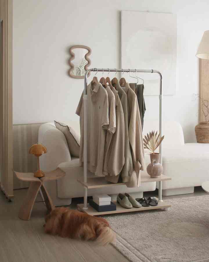 A white and wood-toned living room featuring a central clothes rack, sofa, and a cozy dog lying on the floor creating a warm atmosphere
