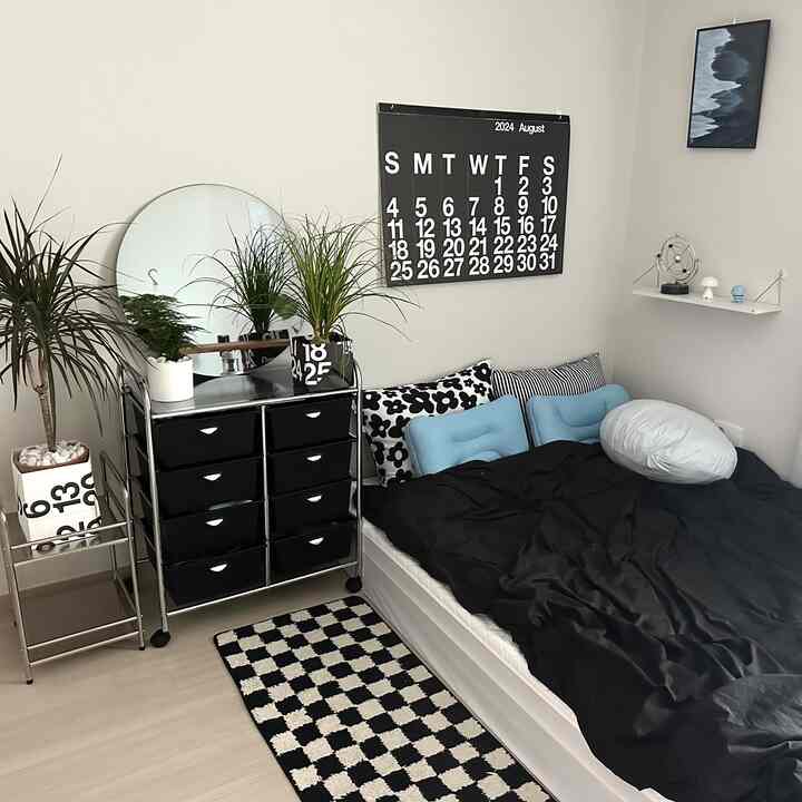 白と黒のモダンなワンルーム寝室、クロムの収納と植物が調和した清潔感のあるインテリア