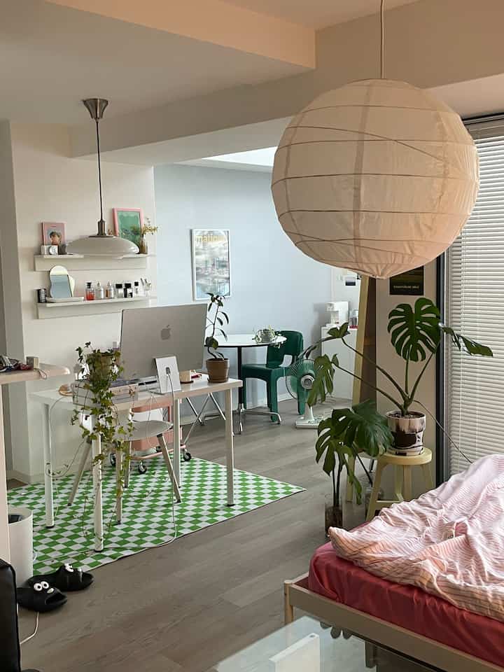 A white and green toned studio featuring a bed, desk, dining chairs, and natural decor elements creating a cozy atmosphere
