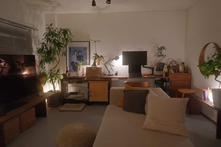 ベージュのソファと木製家具、植物が配置されたナチュラルモダンな二人暮らしのリビング・ワークスペース