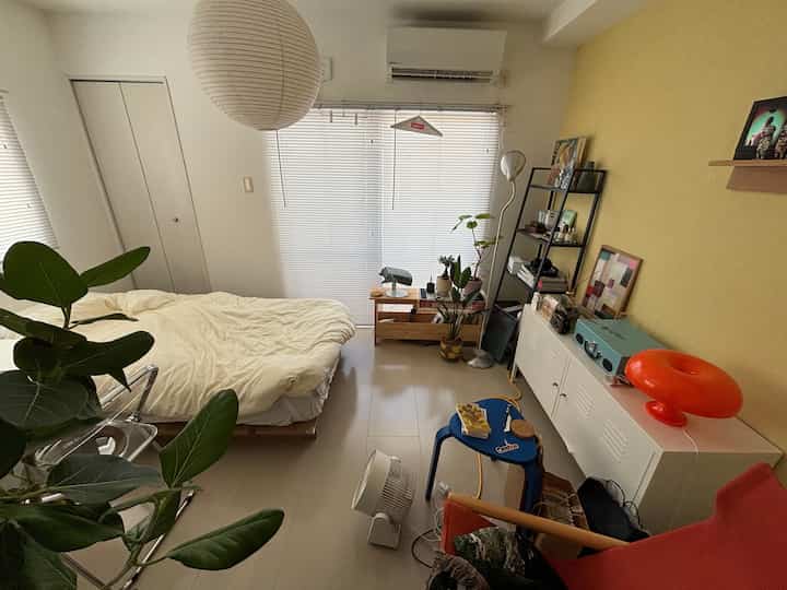 Beige and white toned small bedroom featuring a single bed and natural plants for a cozy atmosphere
