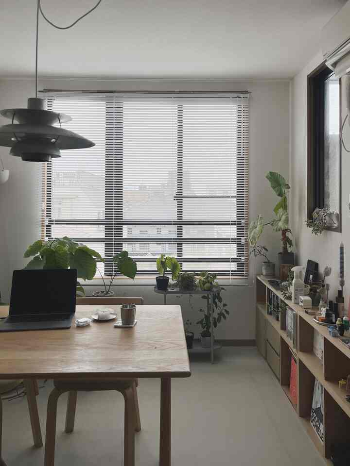白い壁と木目調家具が配置されたコンパクトなダイニングルーム、窓には新しく設置された白いブラインドがあり、多数の植物が自然に空間を飾っている
