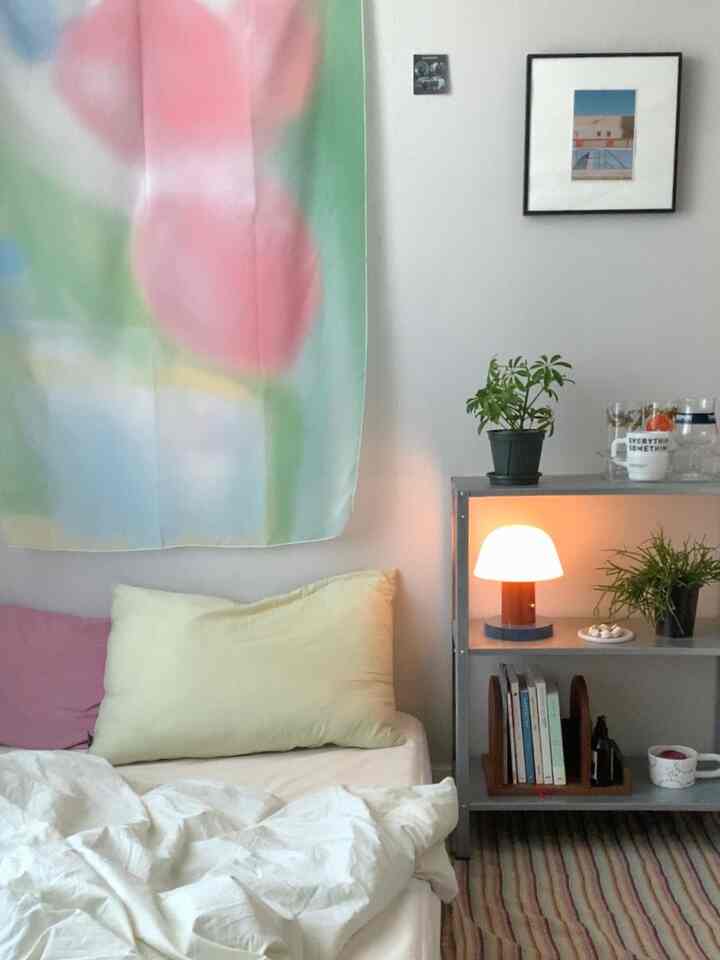 A small living room with pastel and natural colors, featuring a shelf with a table lamp and plants in a simple setup