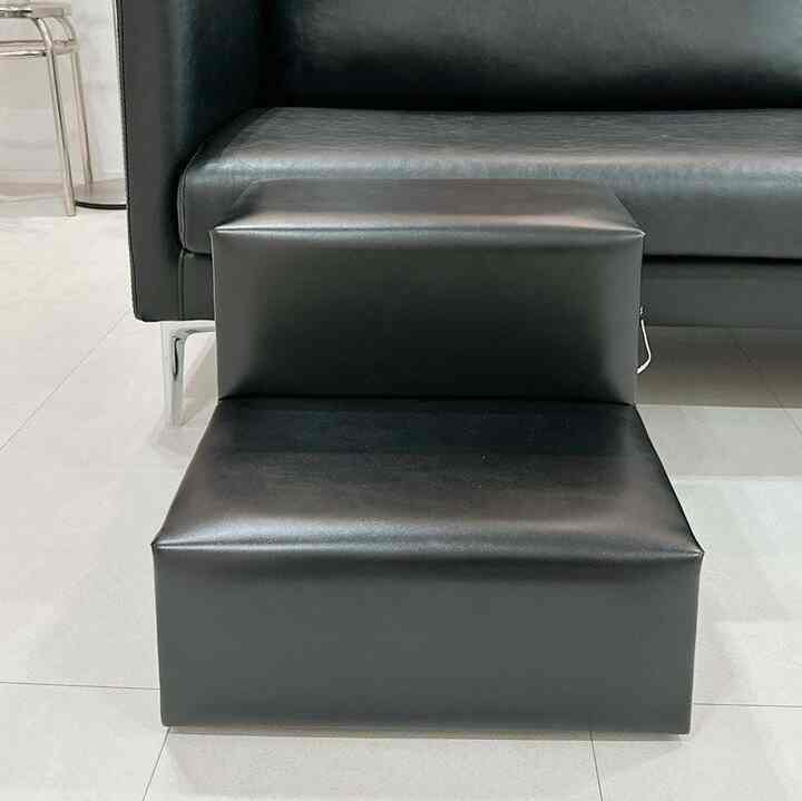 黒いレザーソファと同じ色のペットステップが配置されたモダンな室内空間